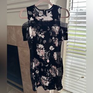Material Girl - Black and Pink Floral Midi Dress Off the Shoulder
